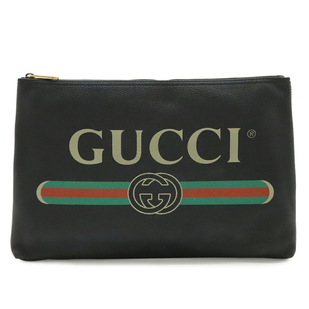 GUCCI Gucci Print Portfolio Clutch Bag Second Leather Black Green Red 500984